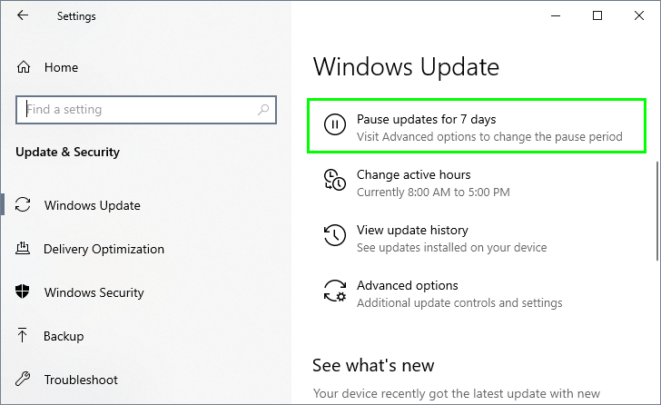 pause updates for 7 days windows update