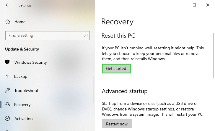 get started reset this pc