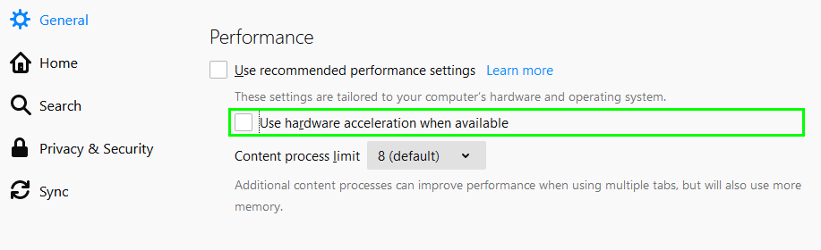 disable hardware acceleration firefox