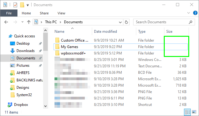 show folder size windows 10