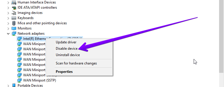 disable network adapter device manager