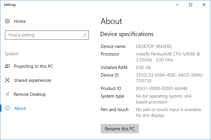 settings device specifications