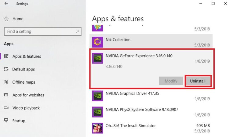 uninstall geforce experience