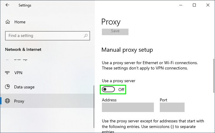 disable proxy windows 10