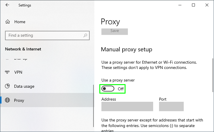 disable proxy windows 10