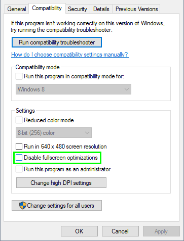 disable fullscreen optimizations windows 10