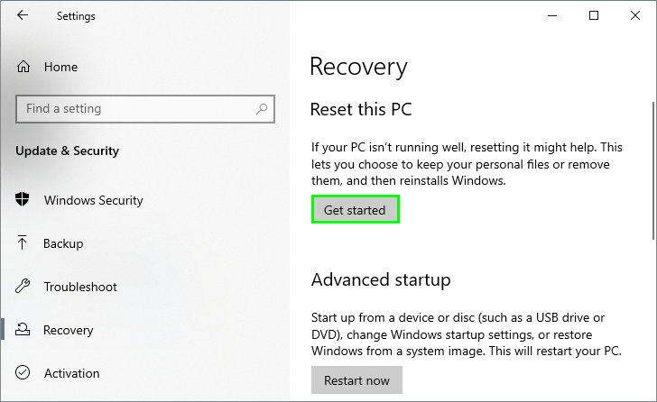 reset this pc get started
