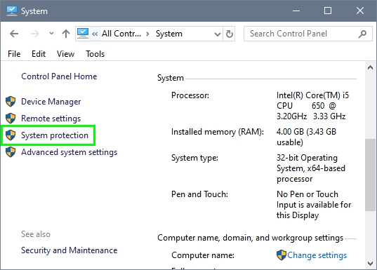 system protection windows 10