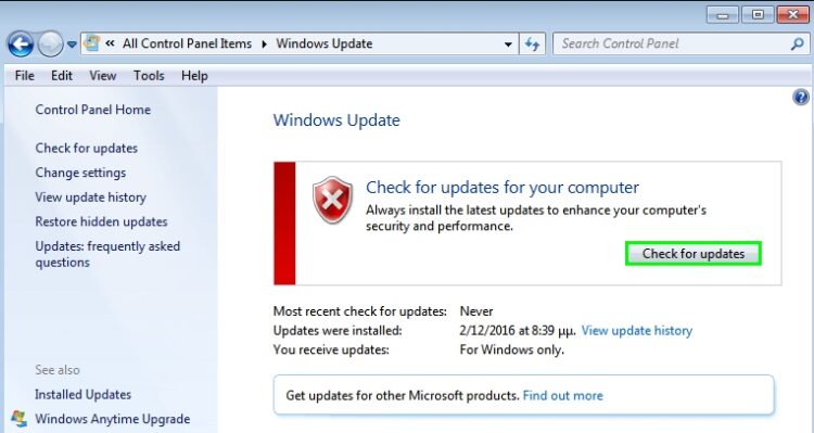chcek for updates windows 7
