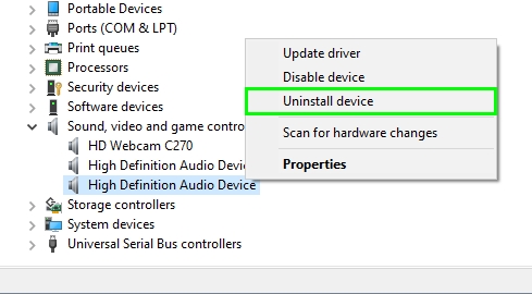 uninstall high audio definition device