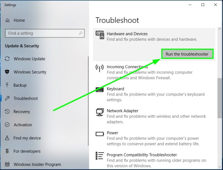 hardware and devices troubleshooter