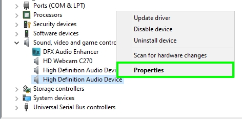 high definition audio drivers properties