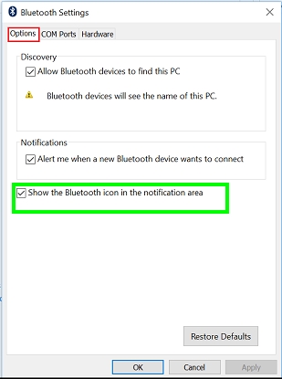 show notification bluetooth windows 10