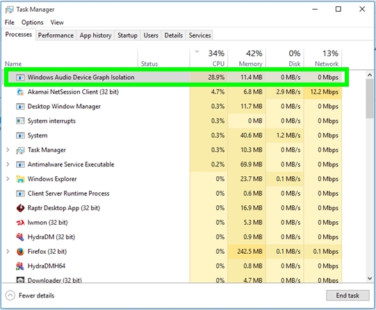 windows audio device graph isolation high cpu