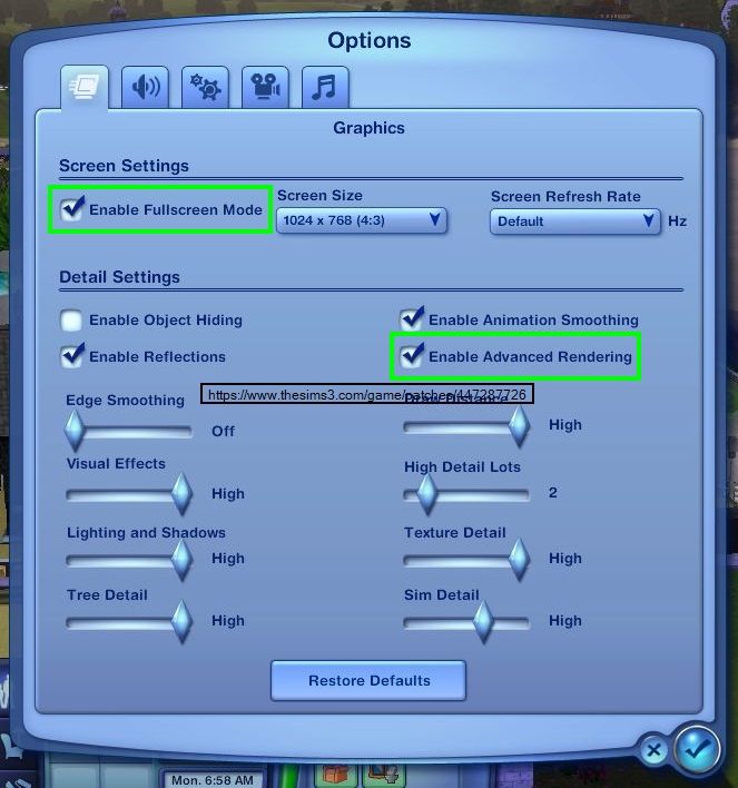 sims 3 graphics options
