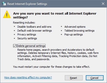 delete personal settings internet properties