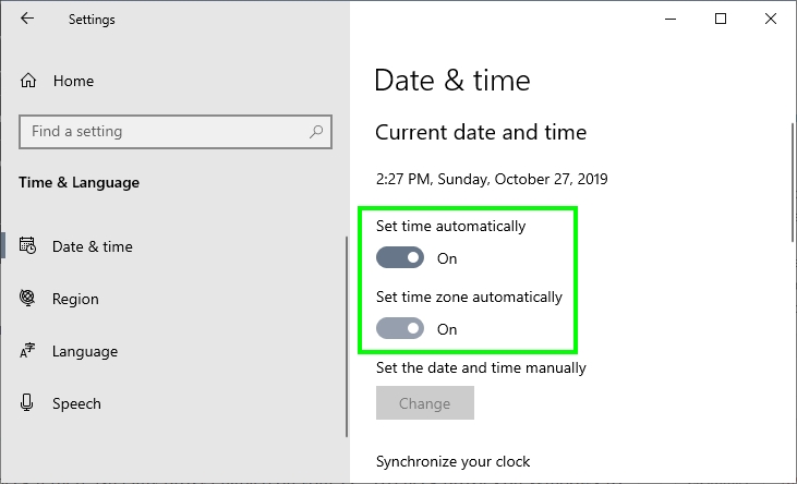 set time automatically windows 10
