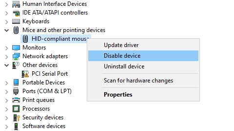 disable touchpad device manager