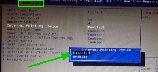 disable touchpad on bios