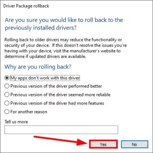 confirm roll back driver