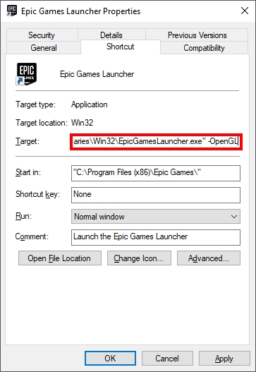 epic games launcher opengl
