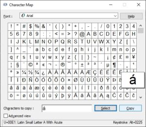 a with accent character map