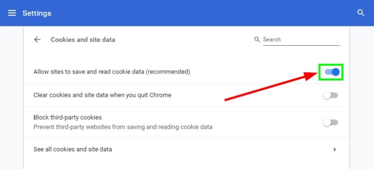 allow sites to save and read cookie data