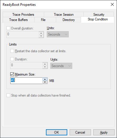 increasr Startup Event Trace Sessions file size