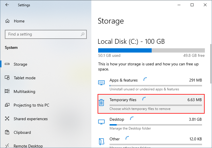 temporary files storage settings