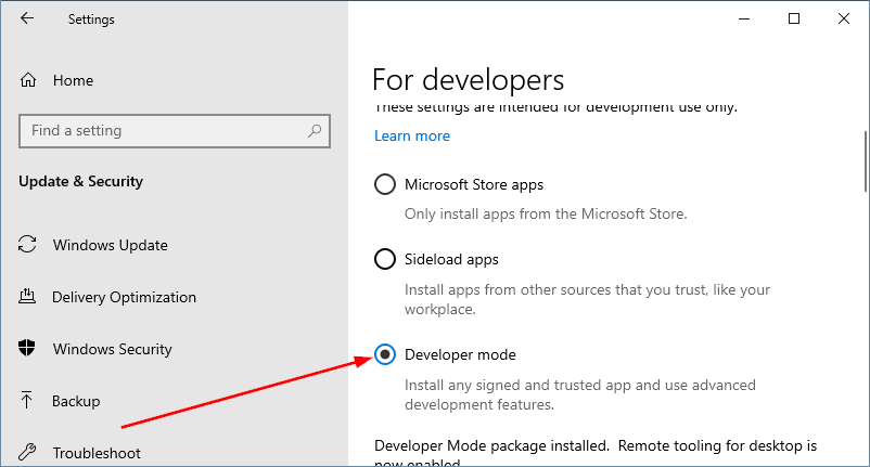 developer mode windows 10