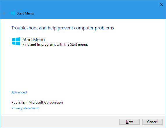 windows 10 start menu troubleshooter