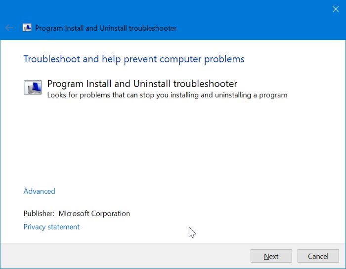 program install and uninstall troubleshooter